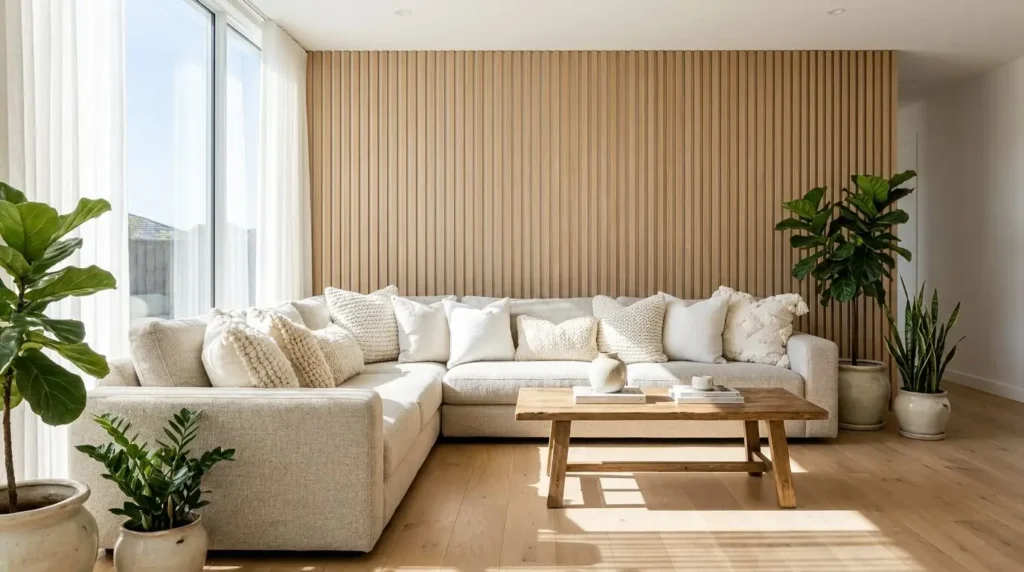 Sofá modular claro decorado com almofadas minimalistas texturizadas nos tons branco, off-white e bege, criando um ambiente clean e aconchegante.