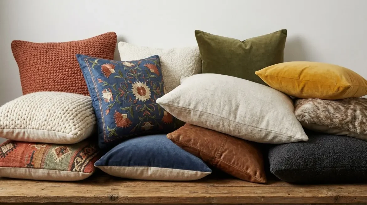 Uma pilha decorativa de várias almofadas com diferentes texturas e cores, como azul bordado, couro, veludo verde e amarelo, sobre um banco de madeira.