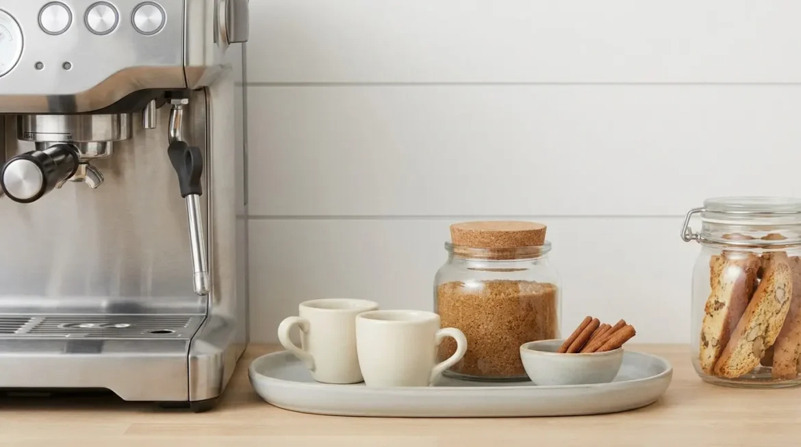 Cantinho do café com close de cafeteira expressa de inox ao lado de bandeja com duas xícaras, pote de açúcar mascavo e vidro com biscoitos biscotti em mesa de madeira.