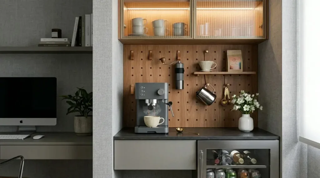 Cantinho do café em home office com cafeteira cinza sobre bancada escura, painel canaletado de madeira e adega embutida sob o móvel.