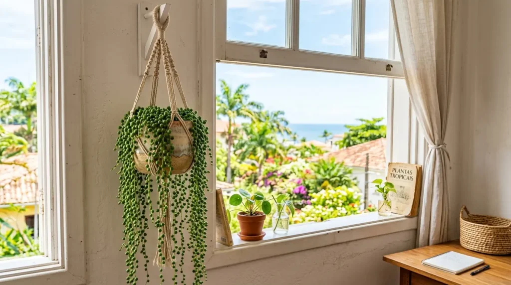 Planta colar-de-pérolas em vaso suspenso por macramê ao lado de uma janela aberta. A vista revela um jardim tropical e o mar ao fundo.