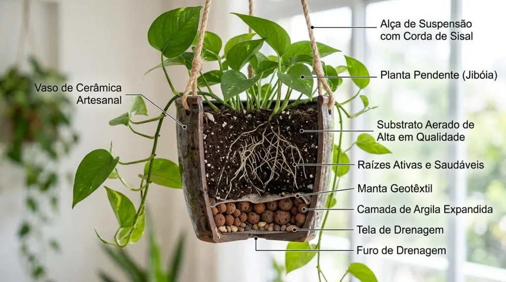 Infográfico mostrando o corte lateral de um vaso suspenso com jiboia para plantas pendentes dentro de casa. Linhas apontam os componentes: alça, substrato, argila expandida e dreno.