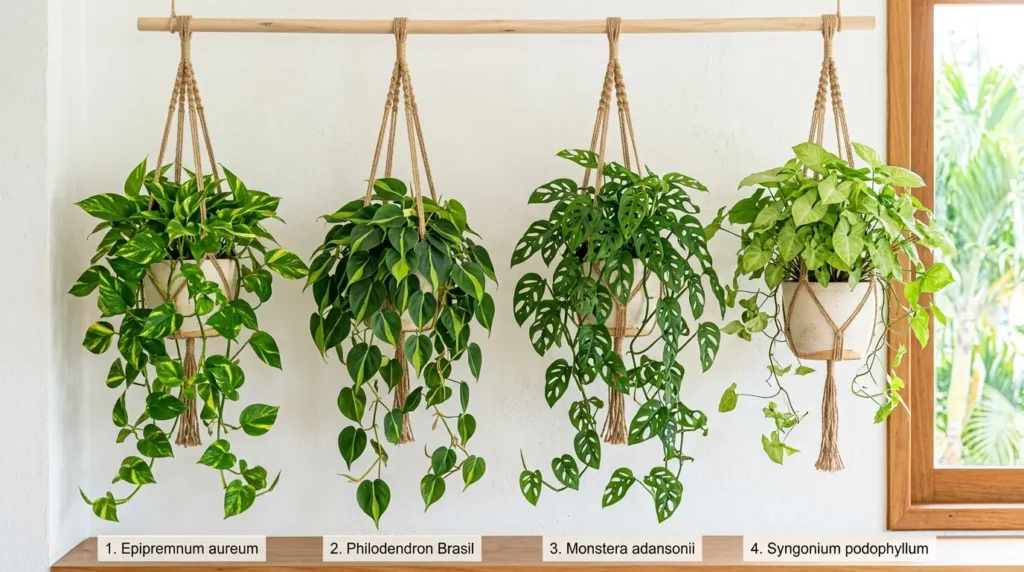 Quatro plantas pendentes em vasos suspensos alinhados: Epipremnum aureum, Philodendron Brasil, Monstera adansonii e Syngonium podophyllum.