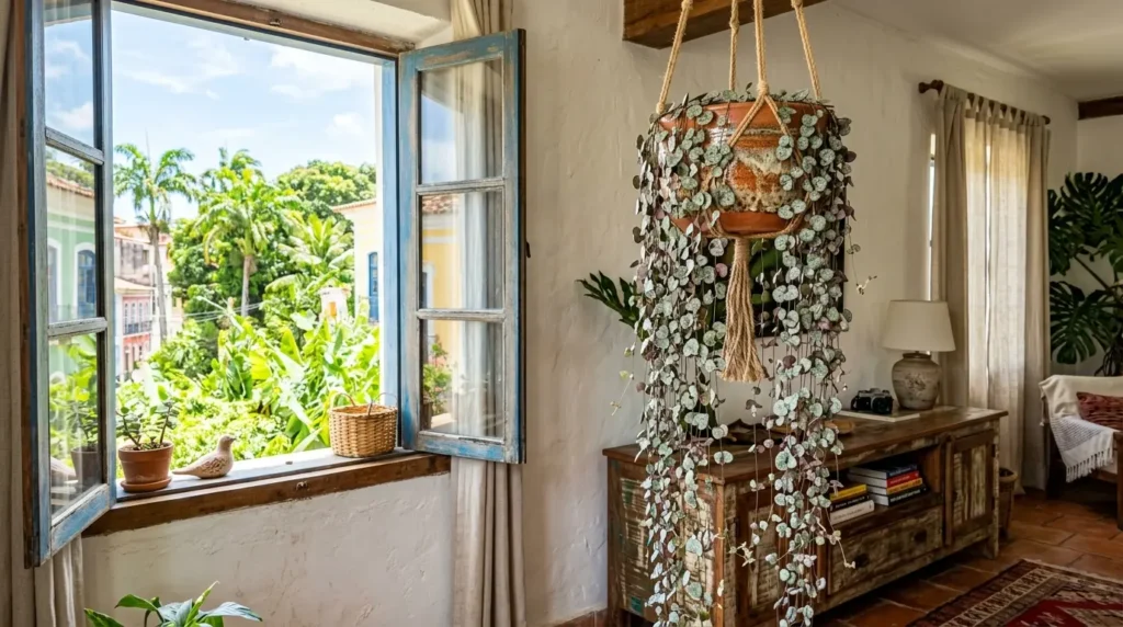 Planta coração-emaranhado em vaso suspenso por macramê ao lado de uma janela azul aberta. Ao fundo, móvel rústico e vista para árvores.