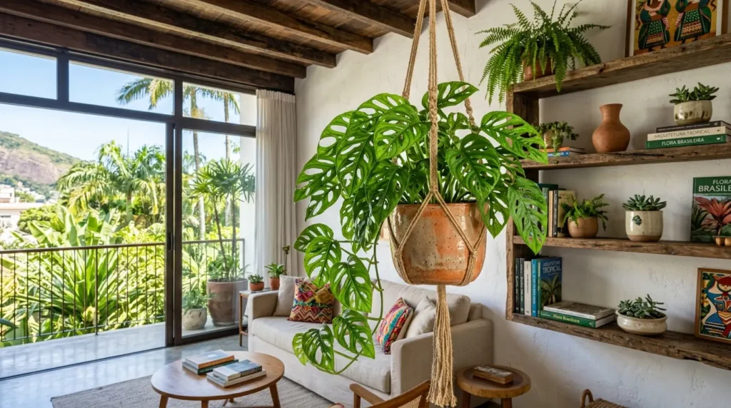 Planta monstera obliqua em vaso suspenso por macramê. Decora sala com sofá claro, teto de madeira e estante rústica cheia de livros.