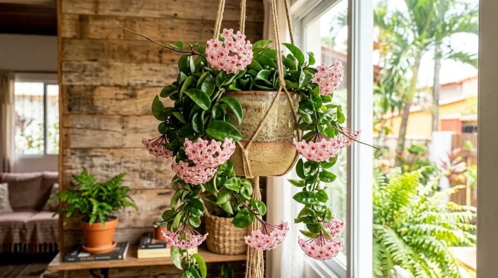 Planta flor-de-cera com cachos de flores rosa em vaso suspenso. Fica próxima a uma janela de vidro e parede de madeira rústica.