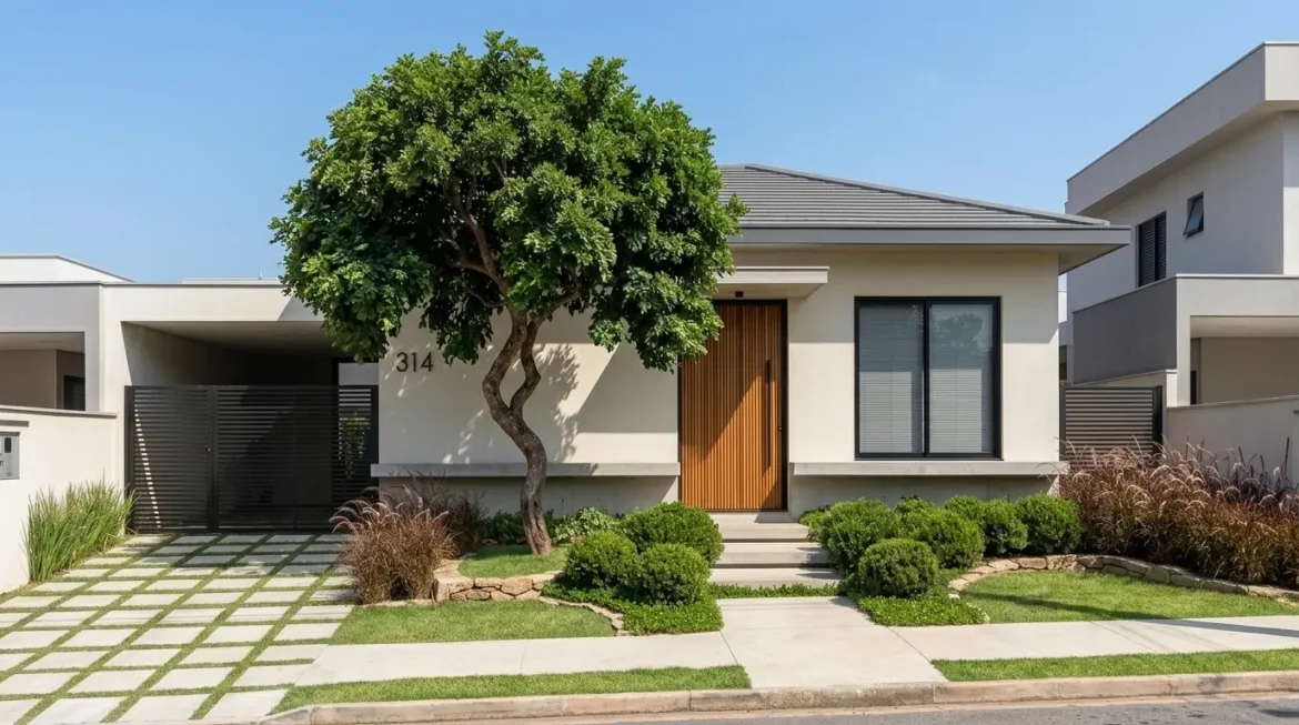 Jardim para frente de casa simples moderna com árvore central, buxinhos arredondados, capim ornamental e entrada com caminho de concreto.