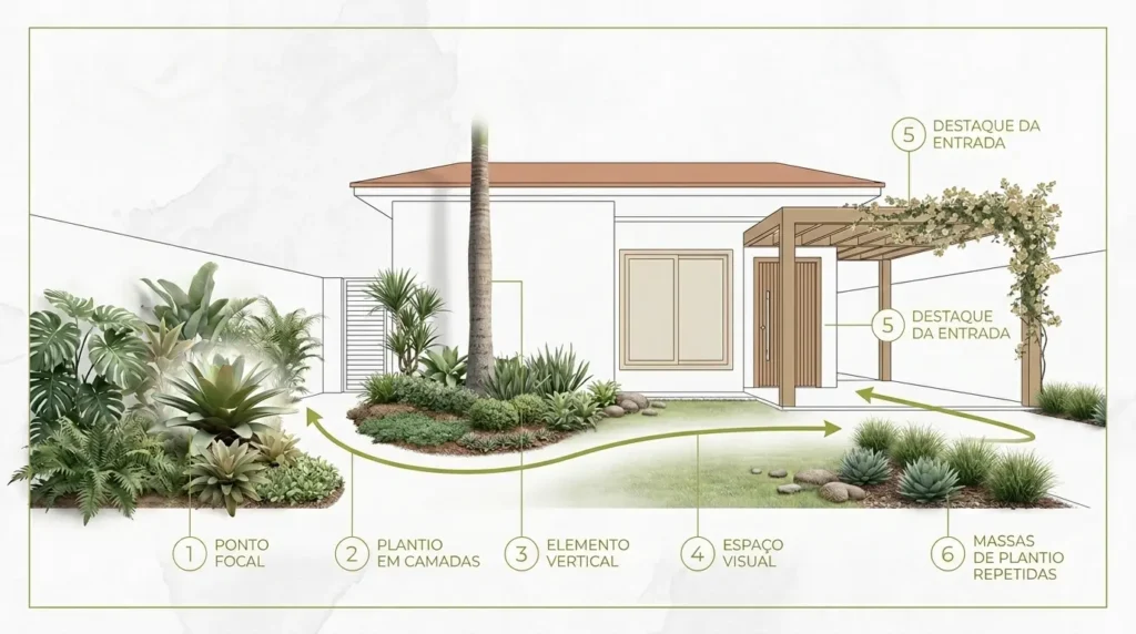 A distribuição planejada dos elementos guia o olhar naturalmente até a entrada, deixando a frente da casa organizada e receptiva.