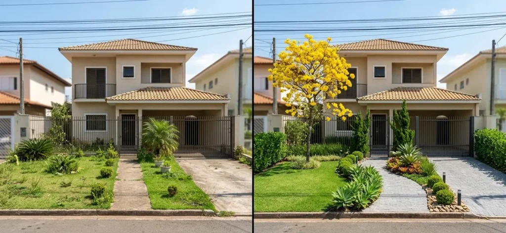 Comparativo antes e depois de paisagismo: jardim para frente de casa simples com ipê-amarelo focal, massas vegetais e novo caminho de pedras.