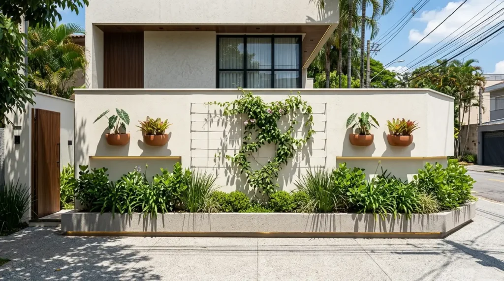 Jardim para frente de casa simples em muro decorado com floreira elevada, trepadeira em treliça, vasos de barro de parede e iluminação LED.