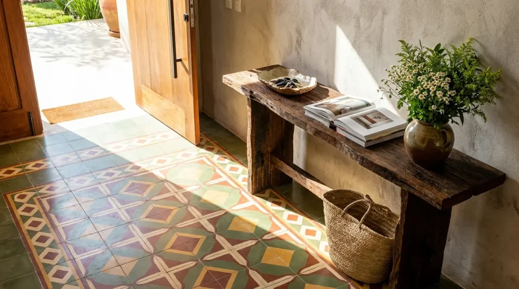 Ladrilho hidráulico no hall de entrada com padrão geométrico colorido. Console de madeira rústica com livros e flores, ao lado de cesto de palha.