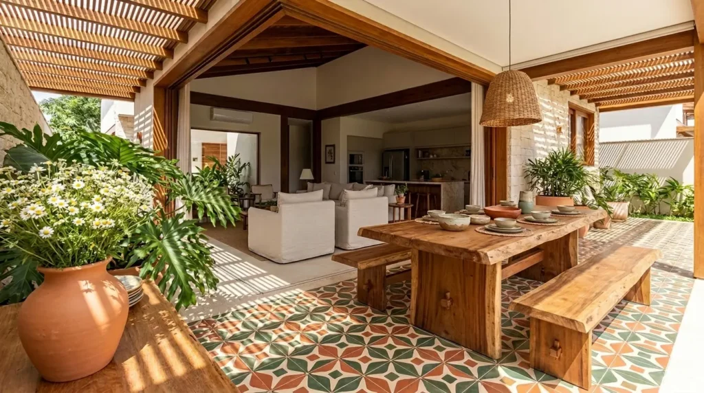 Área externa de pátio com pergolado de madeira e mesa rústica, apresentando piso decorado com ladrilho hidráulico geométrico colorido.