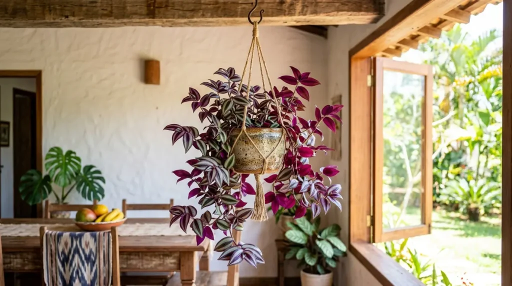 Planta lambari-roxo de folhagem colorida em vaso suspenso no teto. Fica em uma sala de jantar rústica com janela de madeira aberta para o jardim.