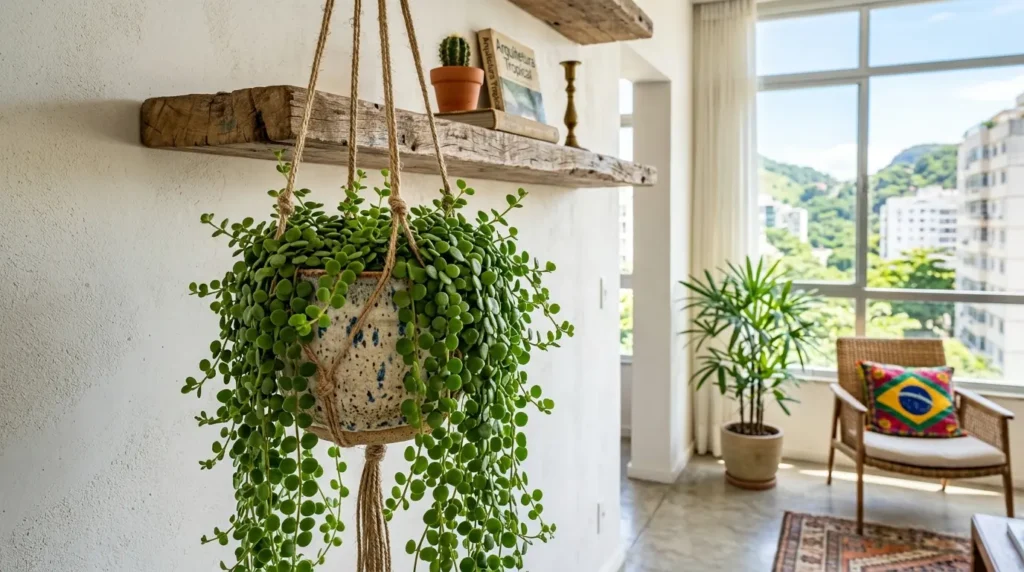 Planta peperomia de pequenas folhas redondas em vaso suspenso por macramê. Ao fundo, prateleira de madeira e janela com vista urbana.