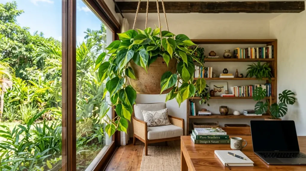 Planta filodendro cascata em vaso suspenso. Decorando escritório com mesa de madeira, notebook aberto e estante de livros ao fundo.