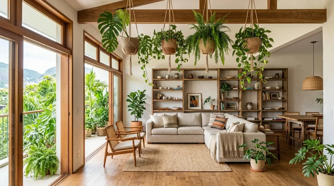 Plantas pendentes para dentro de casa. Sala de estar iluminada com sofá bege, tapete de fibra e estante de madeira ao fundo. Quatro plantas pendentes em vasos de cerâmica estão suspensas no teto.