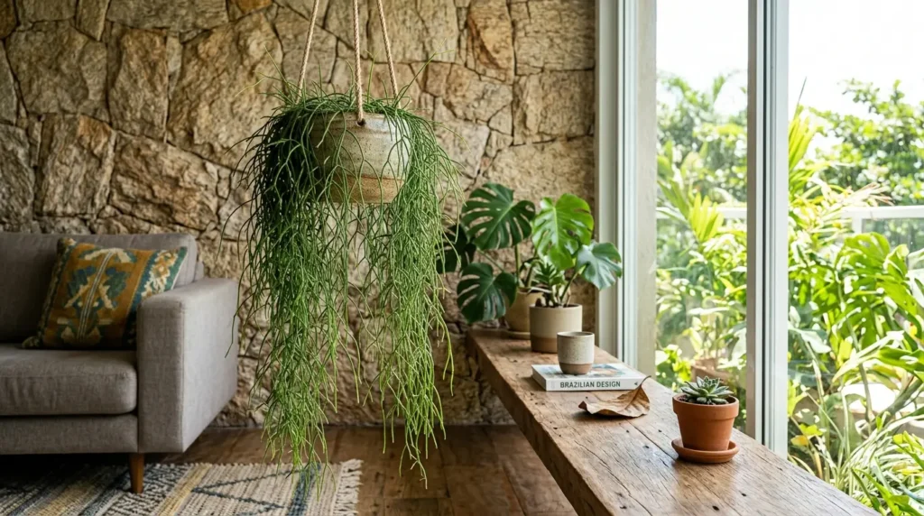 Planta rhipsalis pendente em vaso suspenso perto de parede de pedra. Ao lado, banco de madeira longo com pequenos vasos e livro.