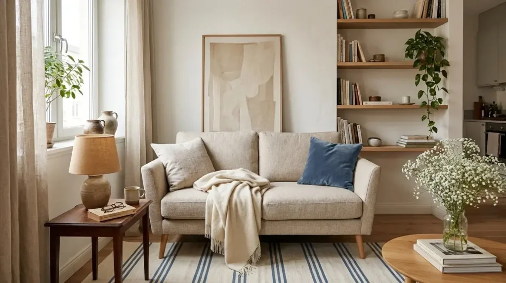 Sala de estar minimalista com sofá de dois lugares de linho bege, manta creme e almofada azul. Estante de madeira embutida com livros e plantas. Piso de madeira e tapete listrado.