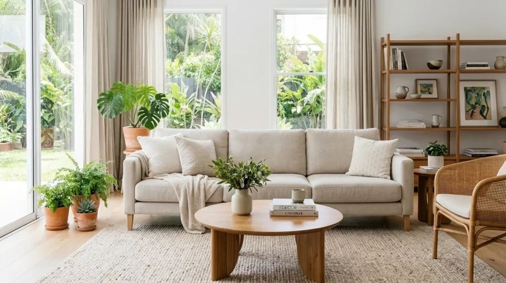 Sala de estar arejada com sofá de três lugares em linho bege e almofadas brancas. Grandes portas de vidro deslizantes abrem para um jardim tropical. Plantas em vasos (Monstera, samambaia) decoram o espaço. Mesa de centro de madeira redonda e poltrona de vime.