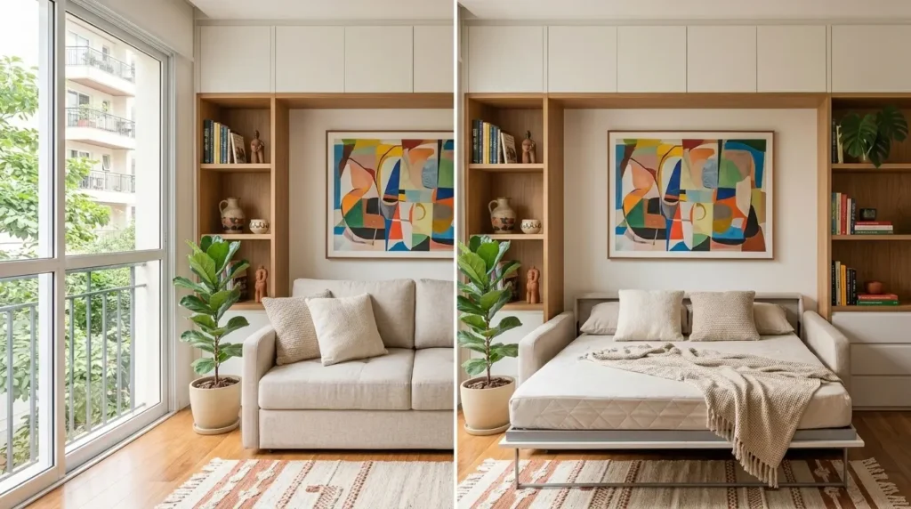 Tipos de Sofá - Visualização dividida de um sofá-cama estofado em linho bege em um estúdio. À esquerda: sofá fechado com almofadas. À direita: sofá transformado em cama de casal com lençóis e manta. Estante embutida com arte abstrata.