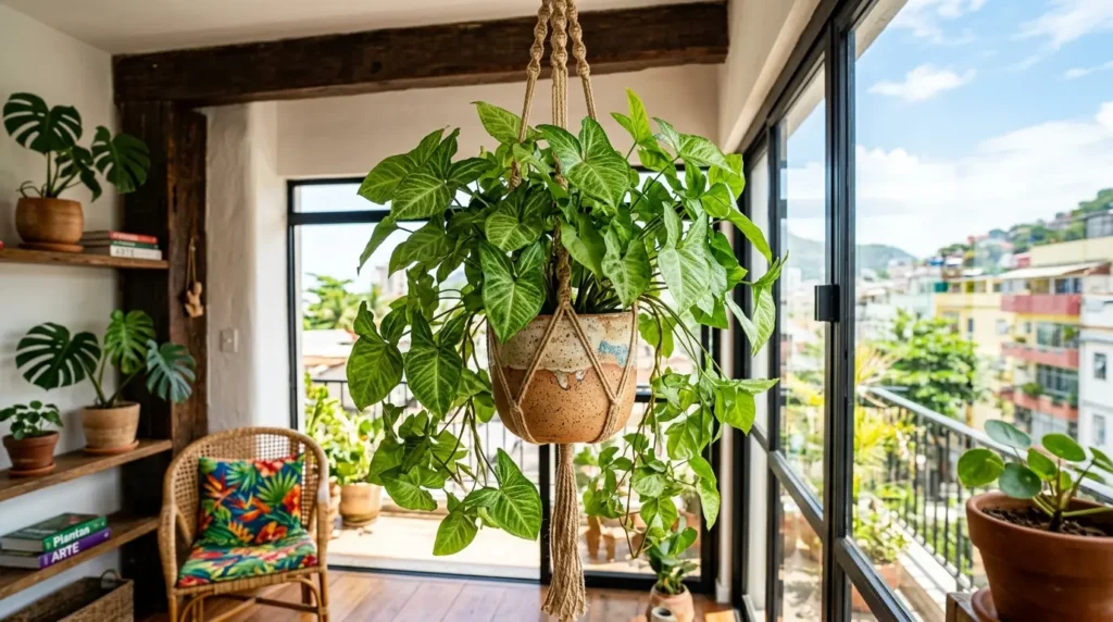 Planta singônio em vaso cerâmico suspenso por suporte de macramê. Ambiente interno iluminado com janelas de vidro e vista para a cidade.