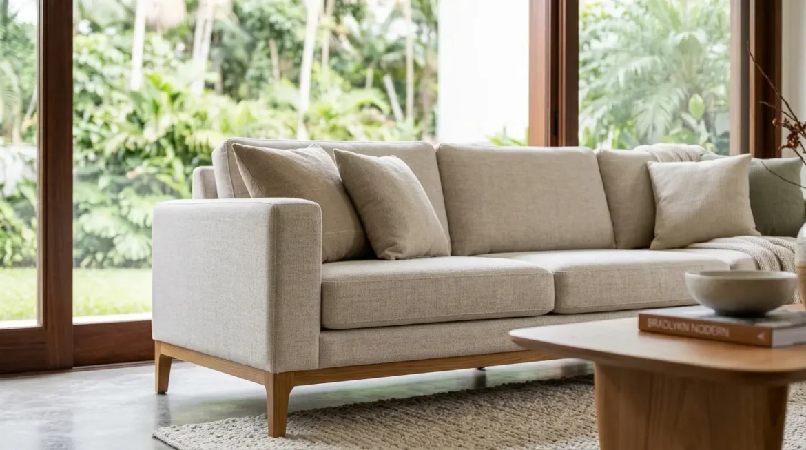 Sofá bege de linho com pés de madeira em sala bem iluminada, estilo minimalista aquecido, com almofadas e vista para jardim tropical.