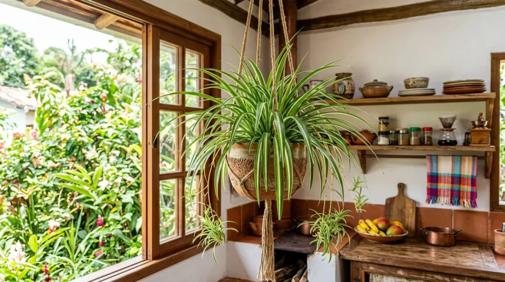 Planta clorofito em vaso suspenso por macramê em uma cozinha rústica. Ao fundo, janela de madeira aberta revela jardim verdejante.
