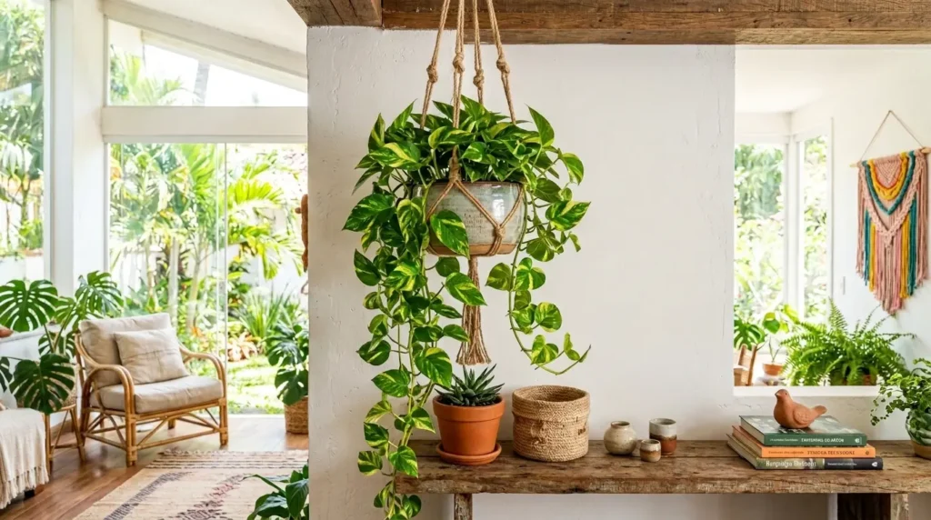 Planta jiboia pendente em vaso suspenso por macramê de corda. Fica sobre aparador de madeira rústica com pequenos objetos e livros decorativos.