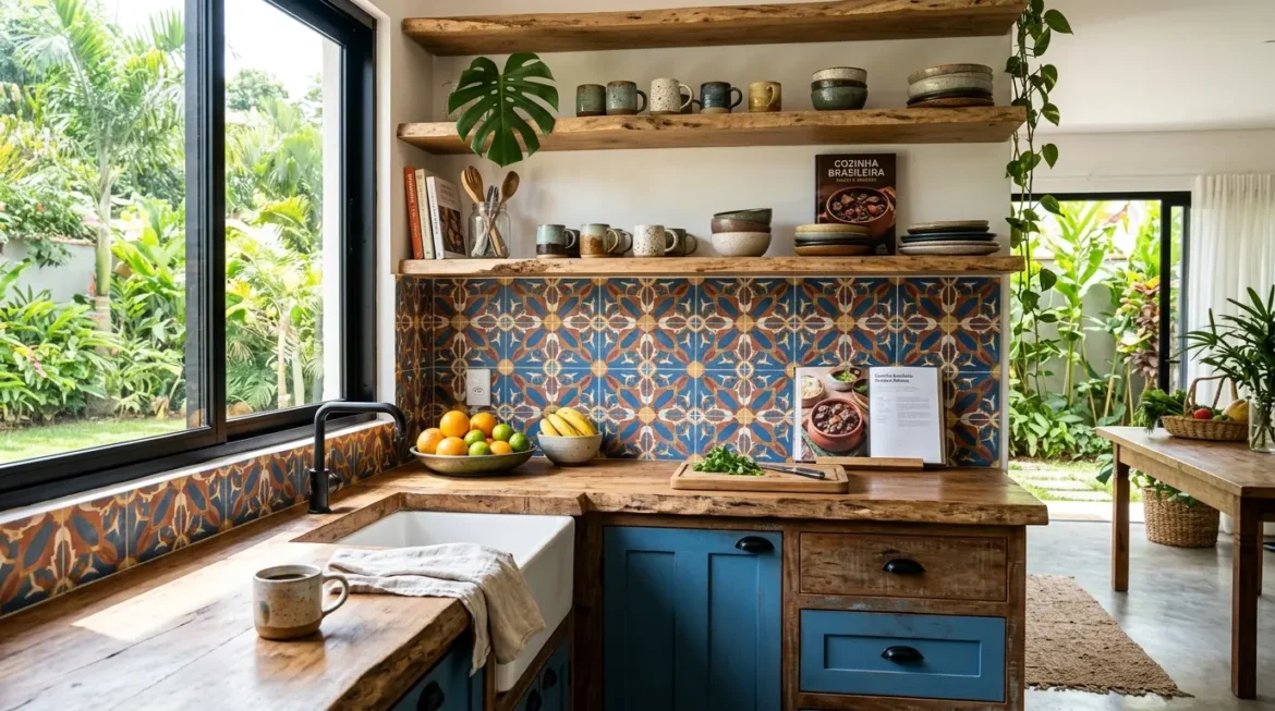 Cozinha com frontão em ladrilho hidráulico estampado azul e terracota, bancada de madeira rústica, prateleiras e janela para o jardim.