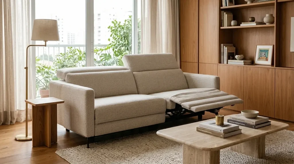 Sofá retrátil e reclinável de linho bege em sala de estar moderna e bem iluminada. Uma seção está reclinada. Ao lado, luminária de piso dourada e mesa lateral de madeira. Ao fundo, varanda com plantas.