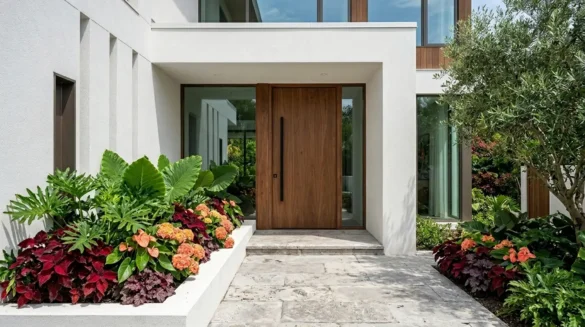 Fachada de casa moderna com porta de madeira, caminho de pedras claras e canteiros com folhagens tropicais e flores em tom salmão.