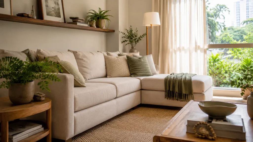 Sofá bege com chaise acoplada em sala acolhedora, com almofadas verdes, mesa de centro de madeira, plantas em vasos e luminária de piso.