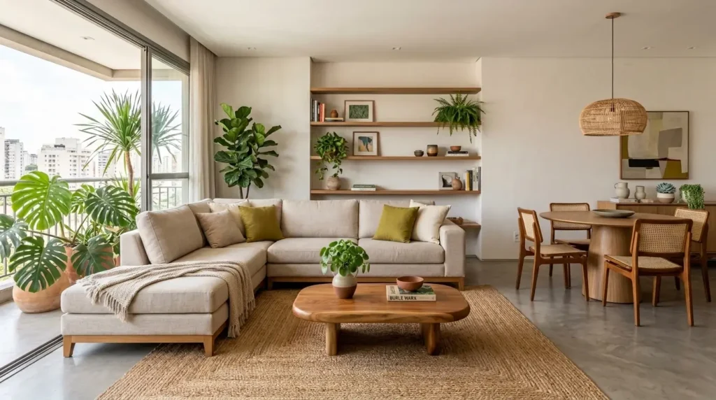 Tipos de Sofá - Sofá em L bege em sala integrada com mesa de jantar de madeira, tapete de fibra natural, plantas tropicais na varanda e estante embutida.
