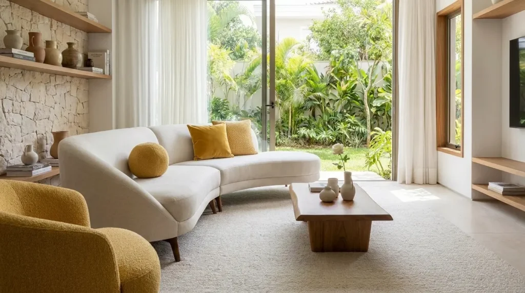 Tipos de Sofá - Sofá curvo off-white com almofadas amarelas em sala iluminada, acompanhado de poltrona mostarda, parede de pedra e vista para o jardim.