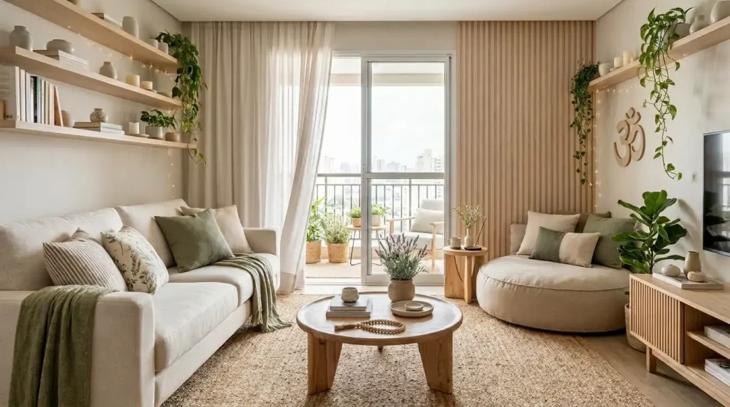 Espaço zen na sala de estar com sofá bege, poltrona redonda, painel ripado com símbolo Om, plantas pendentes e mesa de centro de madeira.