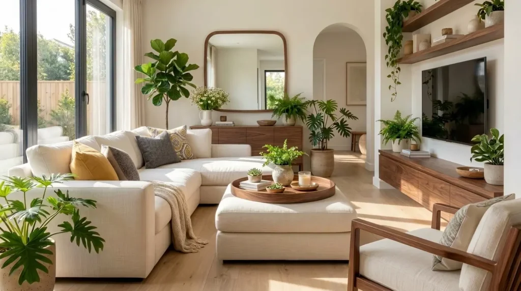 Decoração de sala de estar com espelho retangular de cantos arredondados sobre aparador de madeira, sofá modular claro e plantas naturais.