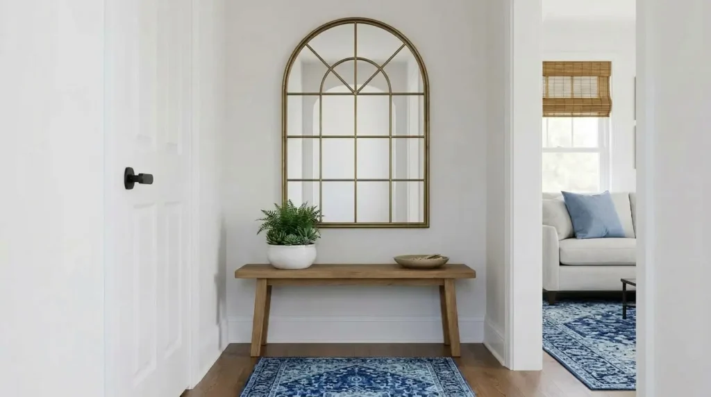 Decoração de corredor com espelho em formato de arco com moldura dourada, banco de madeira, vaso com planta e tapete azul estampado no chão.