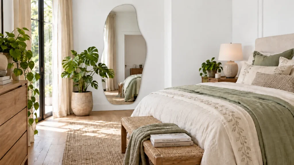 Decoração de quarto aconchegante com grande espelho orgânico na parede, cama com enxoval verde e branco, banco de madeira, planta e tapete.