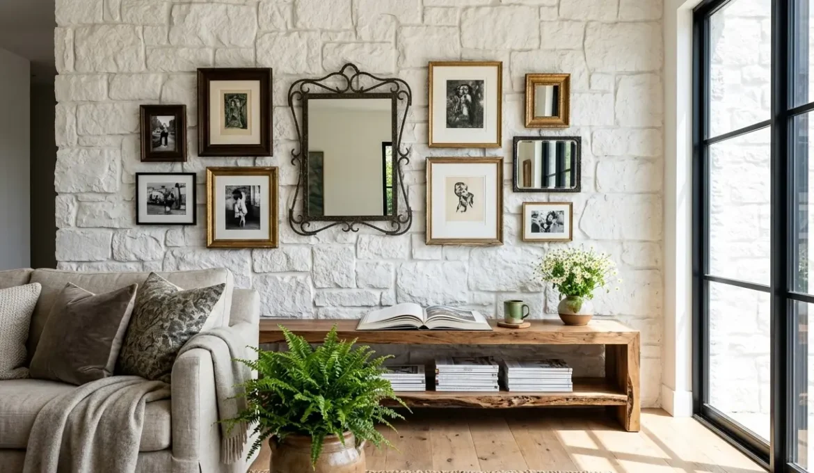 Sala de estar com parede de pedra branca, gallery wall de quadros e espelhos, sofá de linho, banco de madeira com livros e samambaia grande, retratando o uso de espelhos na decoração