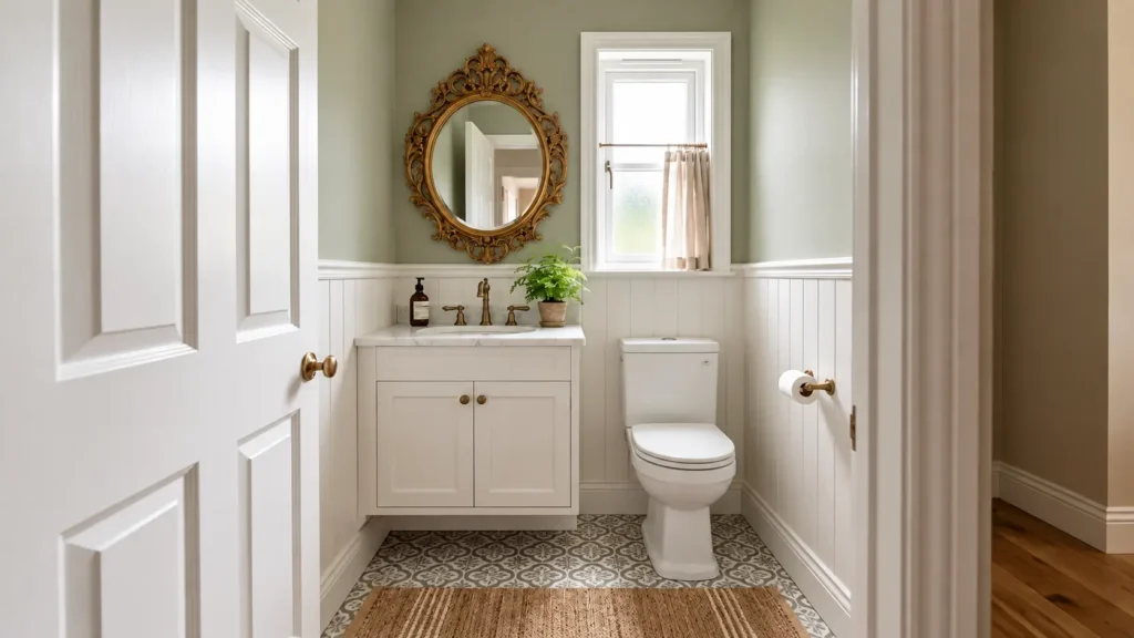 Decoração de lavabo compacto com espelho redondo e moldura dourada clássica, gabinete branco, paredes em tom verde claro e piso hidráulico estampado.