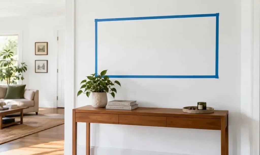 Aparador de madeira com planta e livros sob um retângulo de fita adesiva azul na parede para planejar o tamanho de um quadro. Sala ao fundo.