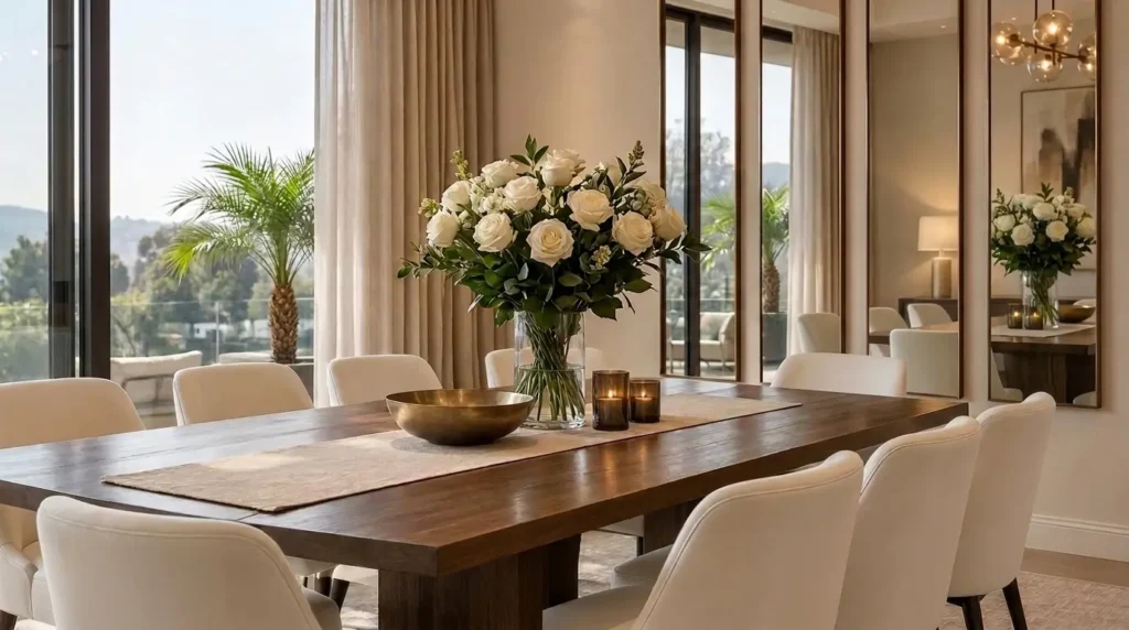 Decoração de sala de jantar com espelhos verticais na parede, mesa de madeira, cadeiras estofadas claras e arranjo de rosas brancas., retratando o uso de espelhos na decoração.