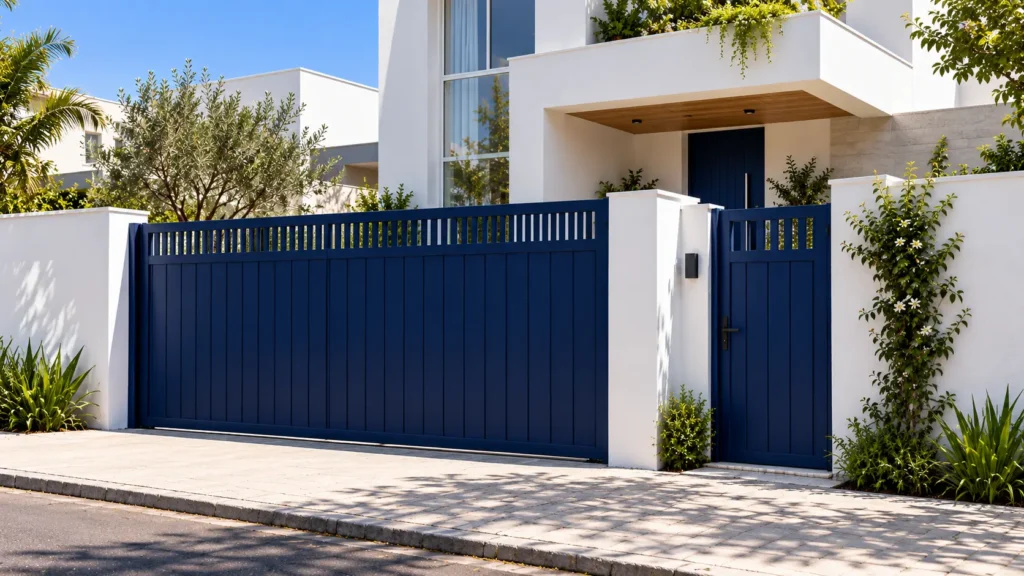Fachada moderna com muro branco, portão de correr e porta em tom azul-escuro, detalhe vazado superior e plantas trepadeiras nas laterais.
