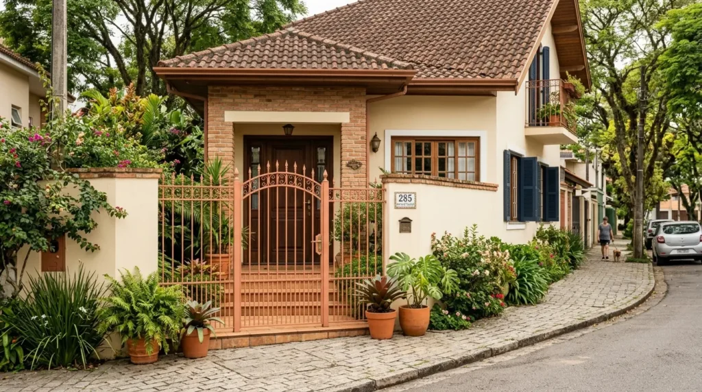 Fachada de casa térrea com telhado colonial, paredes em tons bege, detalhes em tijolinho à vista, portão de metal coral e vasos com plantas na calçada.