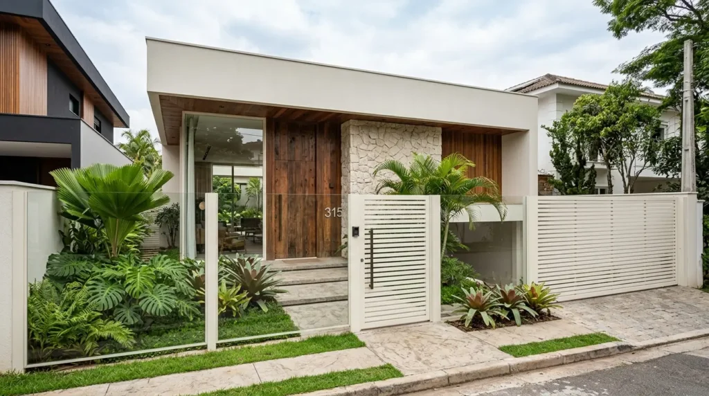 Fachada de casa moderna com porta de madeira imponente, muro baixo de vidro, portão e cerca metálica off-white com paisagismo tropical.