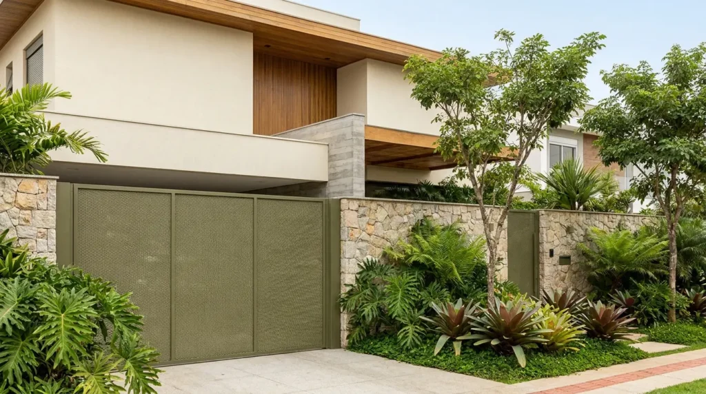 Fachada de casa moderna com muro de pedra, grande portão de metal verde-oliva perfurado, moldura em tom neutro e paisagismo tropical exuberante.