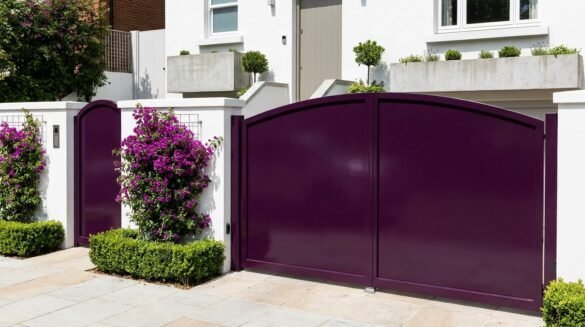 Fachada residencial com grande portão de metal roxo-uva de duas folhas, muro branco, cerca viva verde e arbustos de buganvílias floridas.