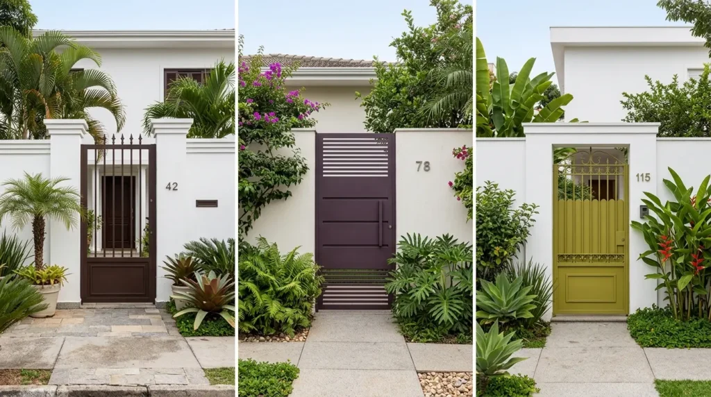 Três portões residenciais em tons escuros e terrosos, incluindo marrom cacau, ameixa e verde amarelado, em fachadas claras com jardim.
