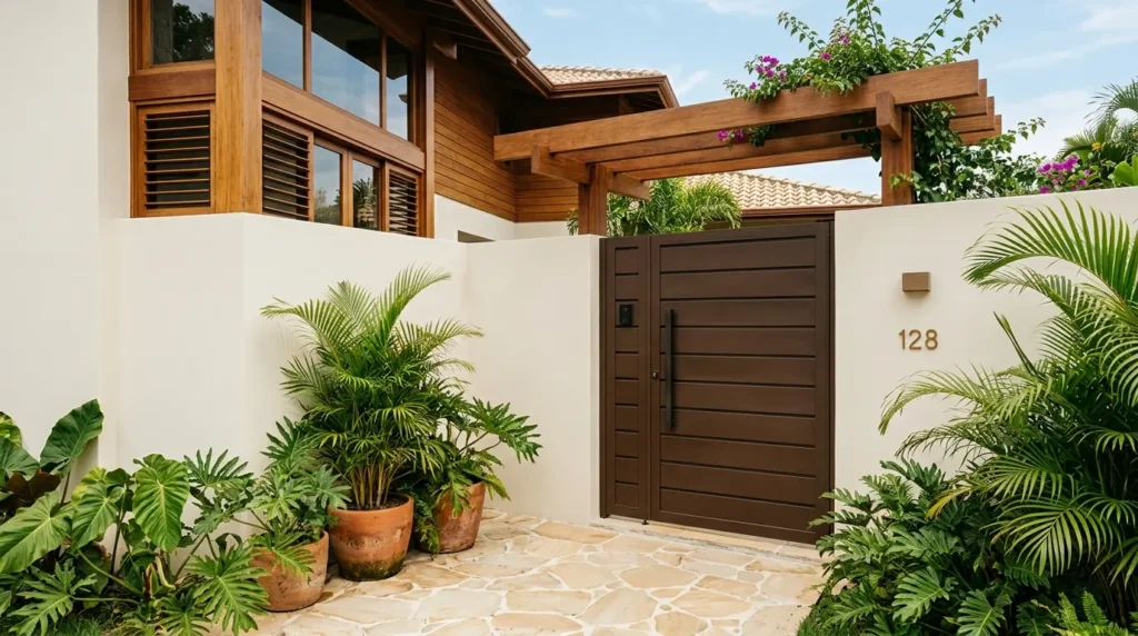 Fachada de casa com paredes bege claro, portão metálico marrom em ripas horizontais, pérgola de madeira e paisagismo tropical com vasos de barro. 