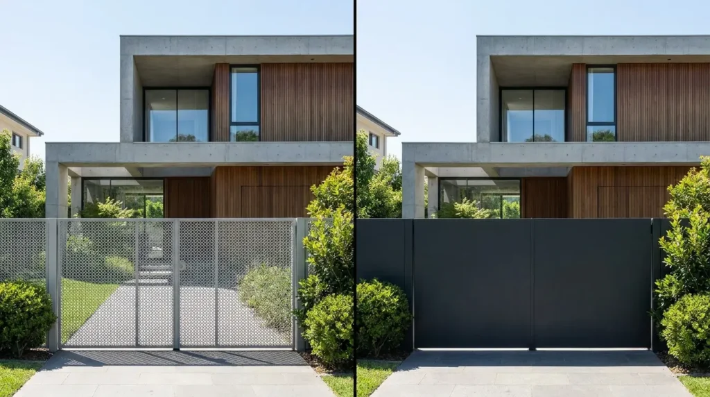 Comparação da mesma fachada de casa moderna com portão metálico vazado e portão fechado em tom grafite.